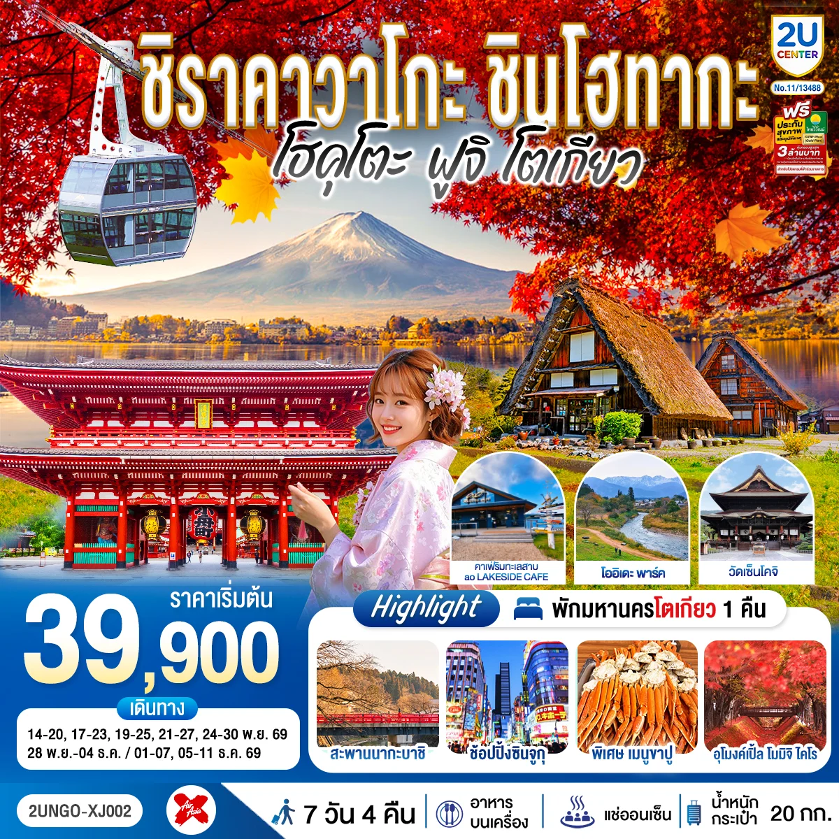 ทัวร์ญี่ปุ่น ชิราคาวาโกะ ชินโฮทากะ โฮคุโตะ  ฟูจิ โตเกียว  7วัน 4คืน (XJ)